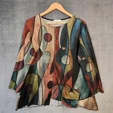 Jess & Jane Tom Tom Brushed Knit Tunic Top Women L Earth Tone Abstract Artsy USA