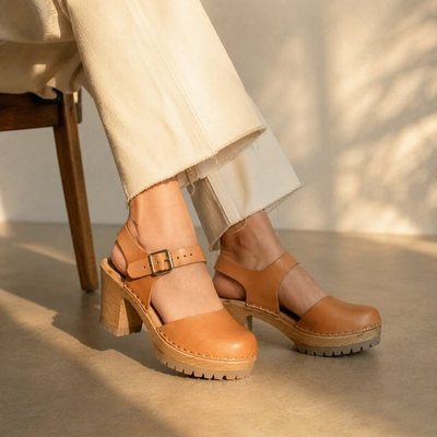 #ad MIA 1976 Swedish Leather Wood Clogs Scandinavian Platform Tan EU37 US 6.5 7 $52.00