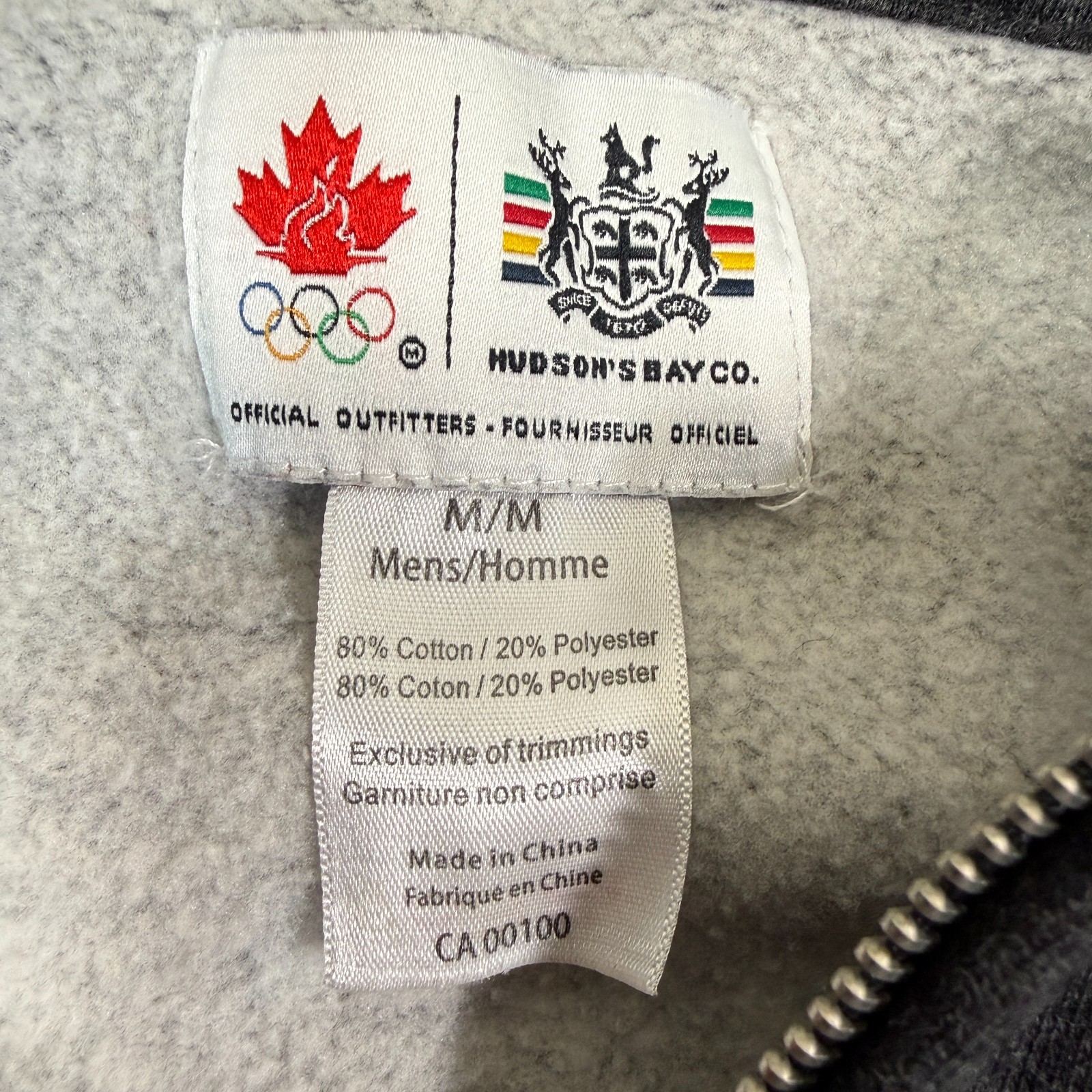 Hudson’s Bay Hoodie Men M Gray Red Canada Olympic Full Zip Sweatshirt Coat
