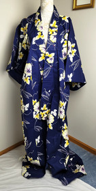 Japanese Style Kimono Cotton Yukata Blue Floral Dragonfly NO Belt 63" Long