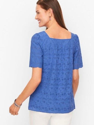 Talbots SZ XL Periwinkle Blue Eyelet Cotton Top Square Neck Cottagecore Short Sl - Picture 3 of 9