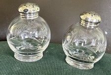 Antique Etched Crystal Globe Glass Sterling Silver Tops Salt & Pepper Shakers