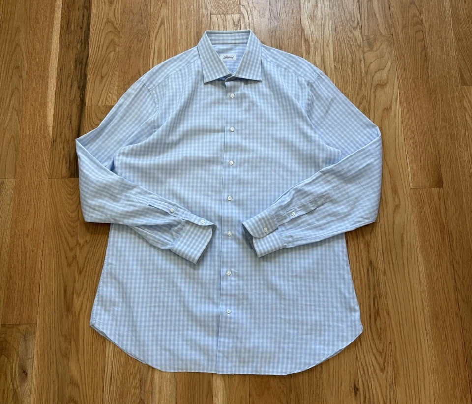 Brioni Vintage 90s Made in Italy 100% Cotton Dress Shirt Gingham Check Plaid L - Image 3 of 4