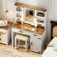 Makeup Vanity Desk with LED Mirror Lights, Vanity Table with Charging Station