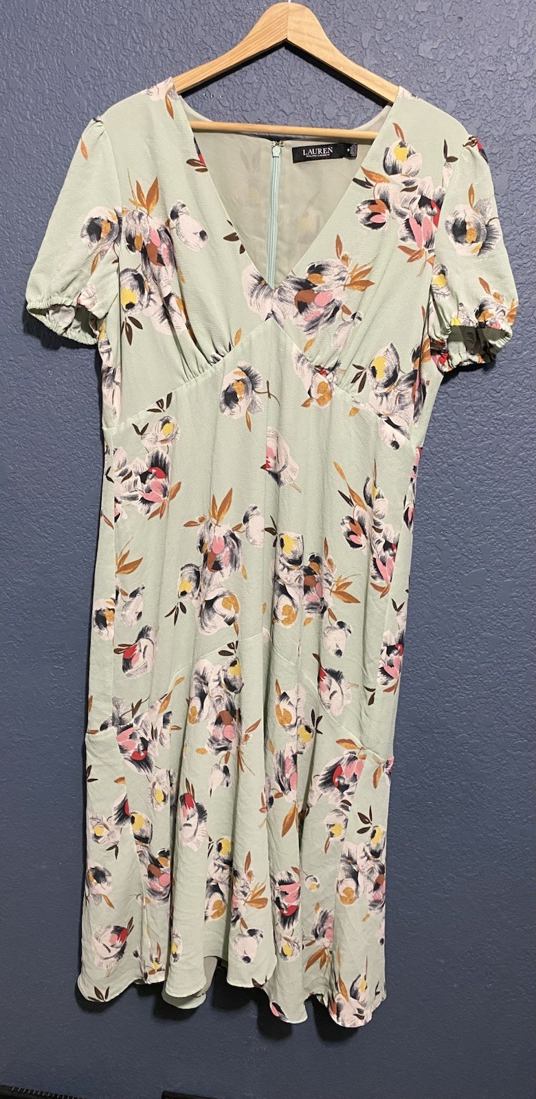 Lauren Ralph Lauren Green Floral Fit And Flare Midi Dress Size 16 (Pre-Owned)