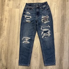 American Eagle Women Size 00 Short Ripped Patched Med Wash Mom Straight Jean