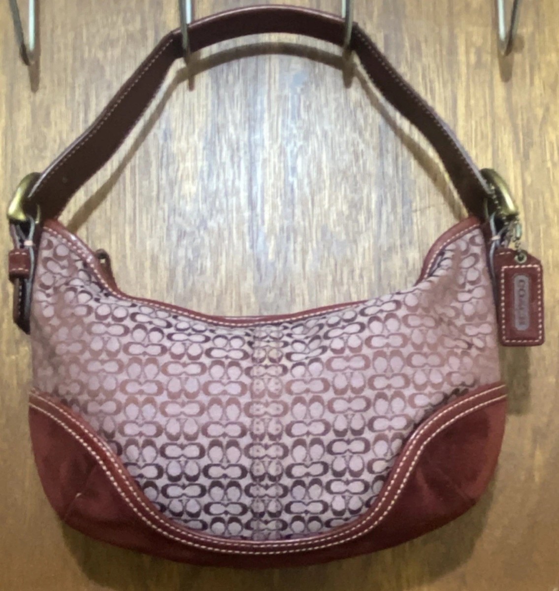 COACH~Y2K MINI SOHO HOBO SIGNATURE LOGO JACQUARD RED LEATHER,SUIDE