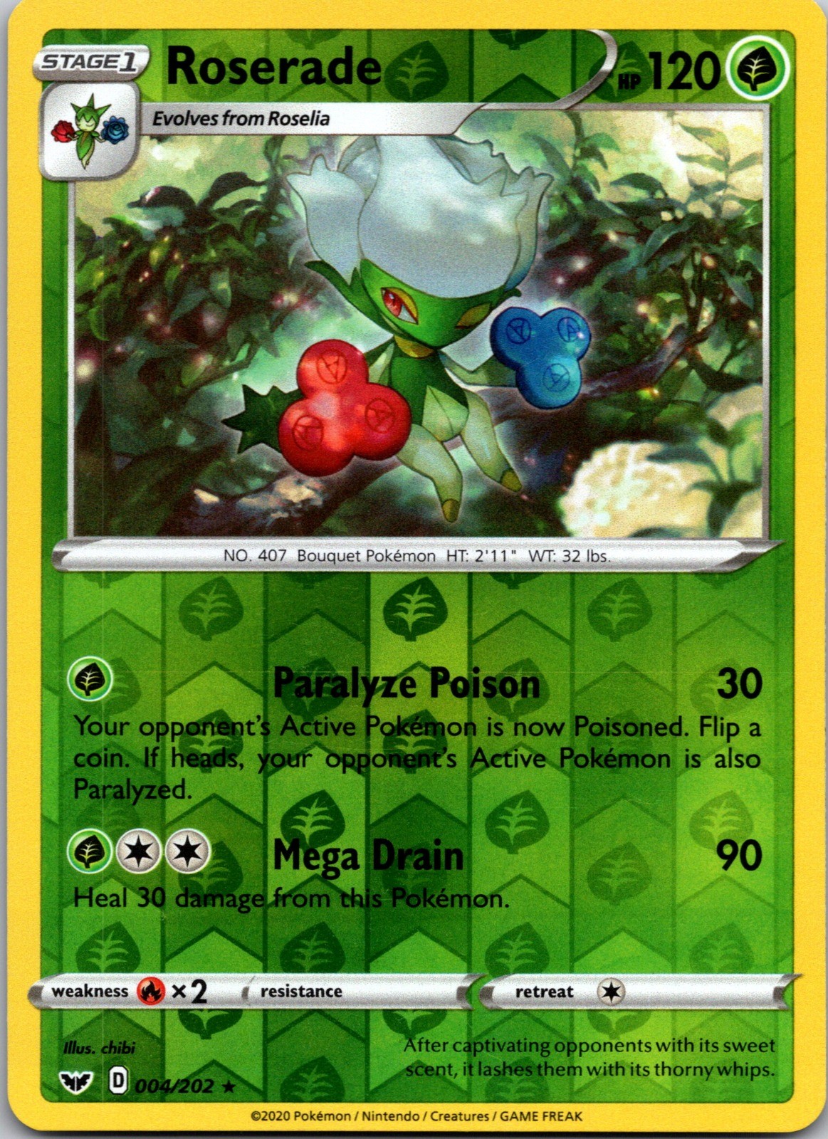 Roserade Reverse Holo Rare SWSH01: Sword & Shield Base Set 004/202 LP