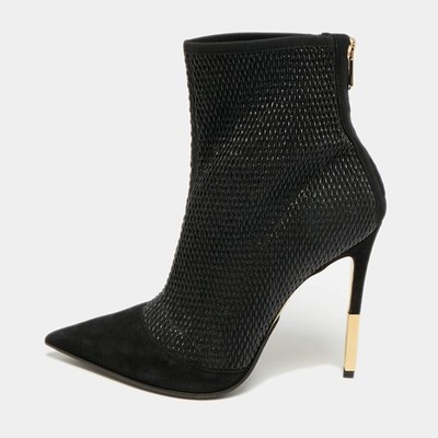 Balmain Size 39.5 Black Suede And Leather Ankle Length Boots