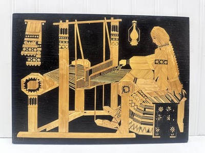 RUSSIAN STRAW MARQUETRY INLAID FOLK ART on Black Wood 10.5 x 14.5 in