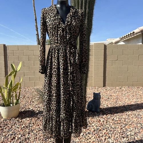 Abito donna Michael Kors stampa animalier manica lunga chiffon avvolgente taglia XS