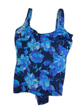 Vtg 00s BEACH CABANA Blue Floral ONE-PIECE SWIMSUIT Summer Beach Pool Women's 20