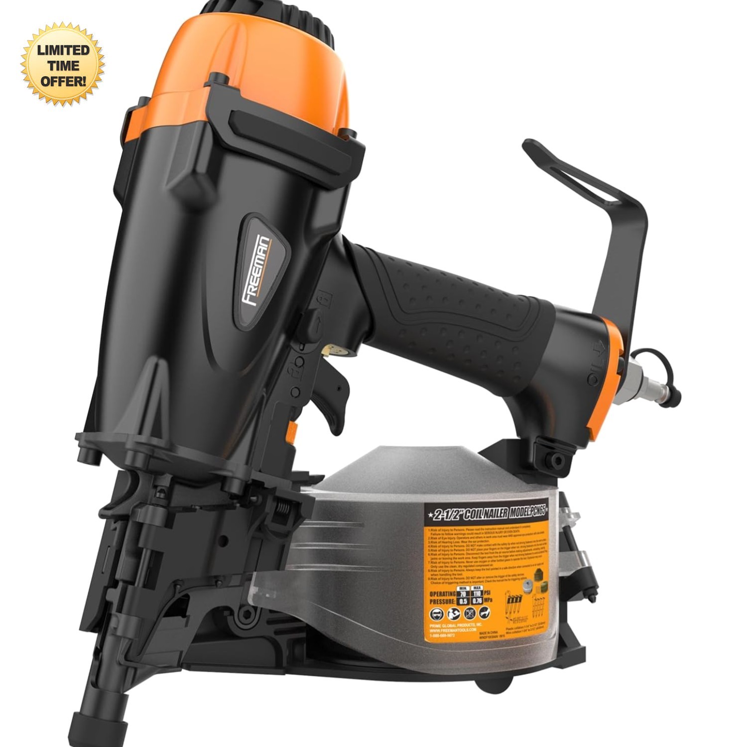 Freeman Pcn65 15 Degree Coil Siding Nailer 2-1/2" Adjustable Belt Hook