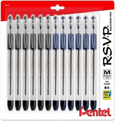 RSVP Medium Point Pens - 1.0mm - 12 Pack of 6 Black & 6 Blue Ballpoint Pens