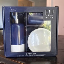 GAP Home 3Pcs Colorblock Navy-White Matte Ceramic Bath Accessory Set New in Box