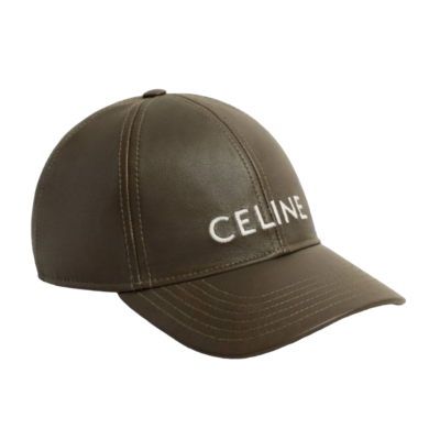 CELINE ロゴ入りキャップ Celine Paris Dark Khaki Green Lamb Leather White Logo Baseball Cap