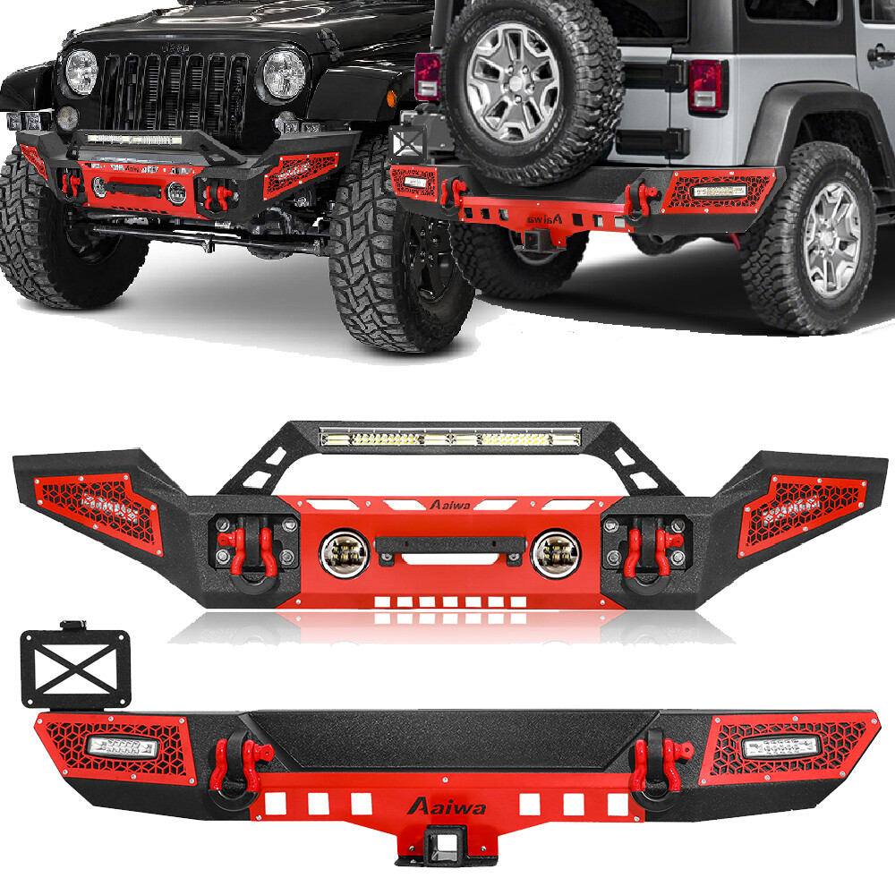 Front & Rear Bumper Set With Winch Plate & Lights For 2007-2018 Jeep Wrangler JK
