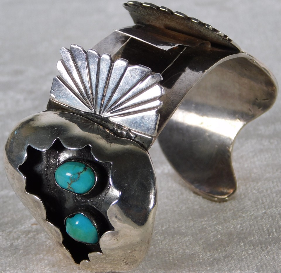 Vintage Navajo Turquoise Shadow Box Sterling Silver Watch Mens Cuff