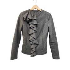 Sisley Gray Wool Blend Full Zip Short Tailored Jacket With Ruffles