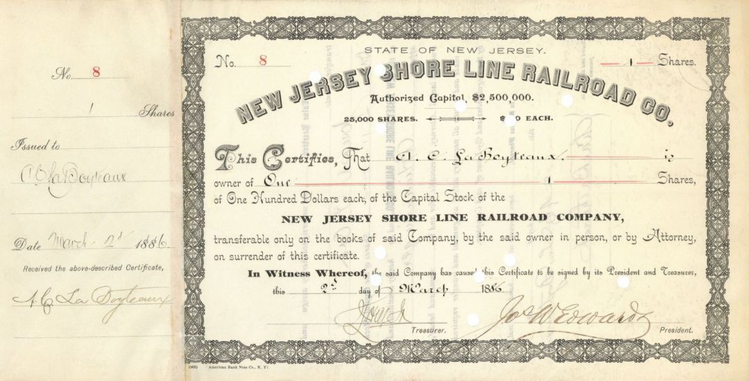 New Jersey Shore Line Railroad Co. Stock Certificate Railroad