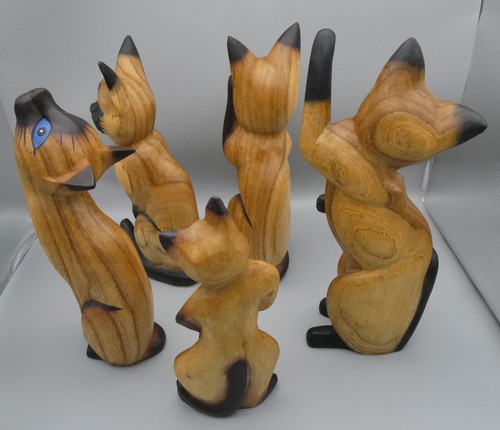 MCM Siamese Cat Solid Wood Figurines Folk Art Sculptures Hand Carved 12" 5pc Set - Picture 20 of 22