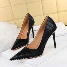 Escarpins Femme À Talon Aiguille Noir Clous 11 Cm Cuir Synthétique 28158