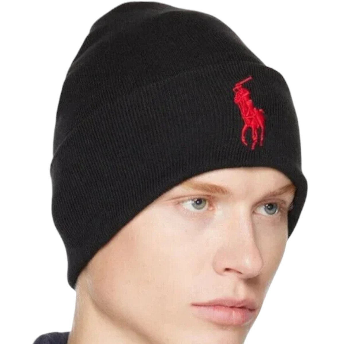 Polo Ralph Lauren Big Pony Cuffed Beanie Hat Black Red
