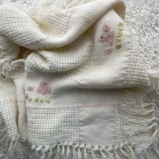 All Mine Acrylic Baby Blanket Fringe Pink Ducks Vintage Italy Cream off White