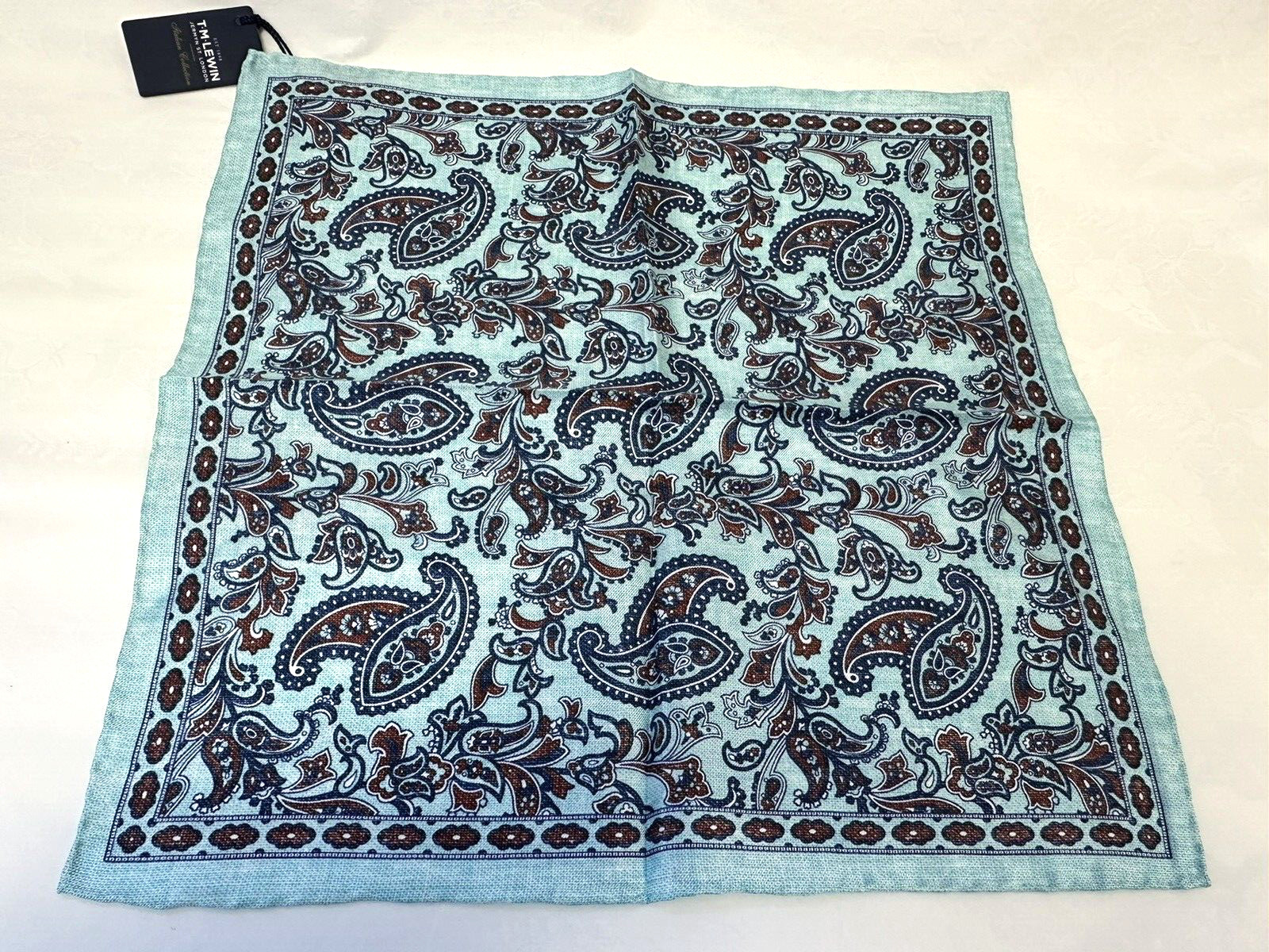 NEW! TM Lewin teal pure silk textured paisley print pocket square