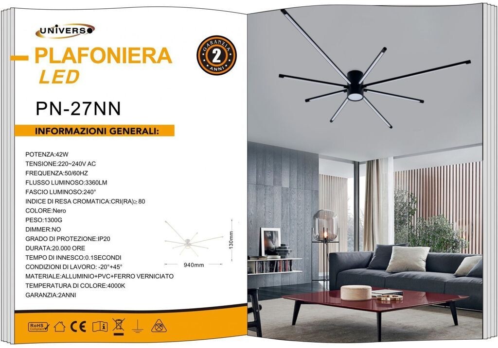 Lampada LED 42W UNIVERSO PN-27NN Nero 3360 Lumen 94cm - Alta Resa