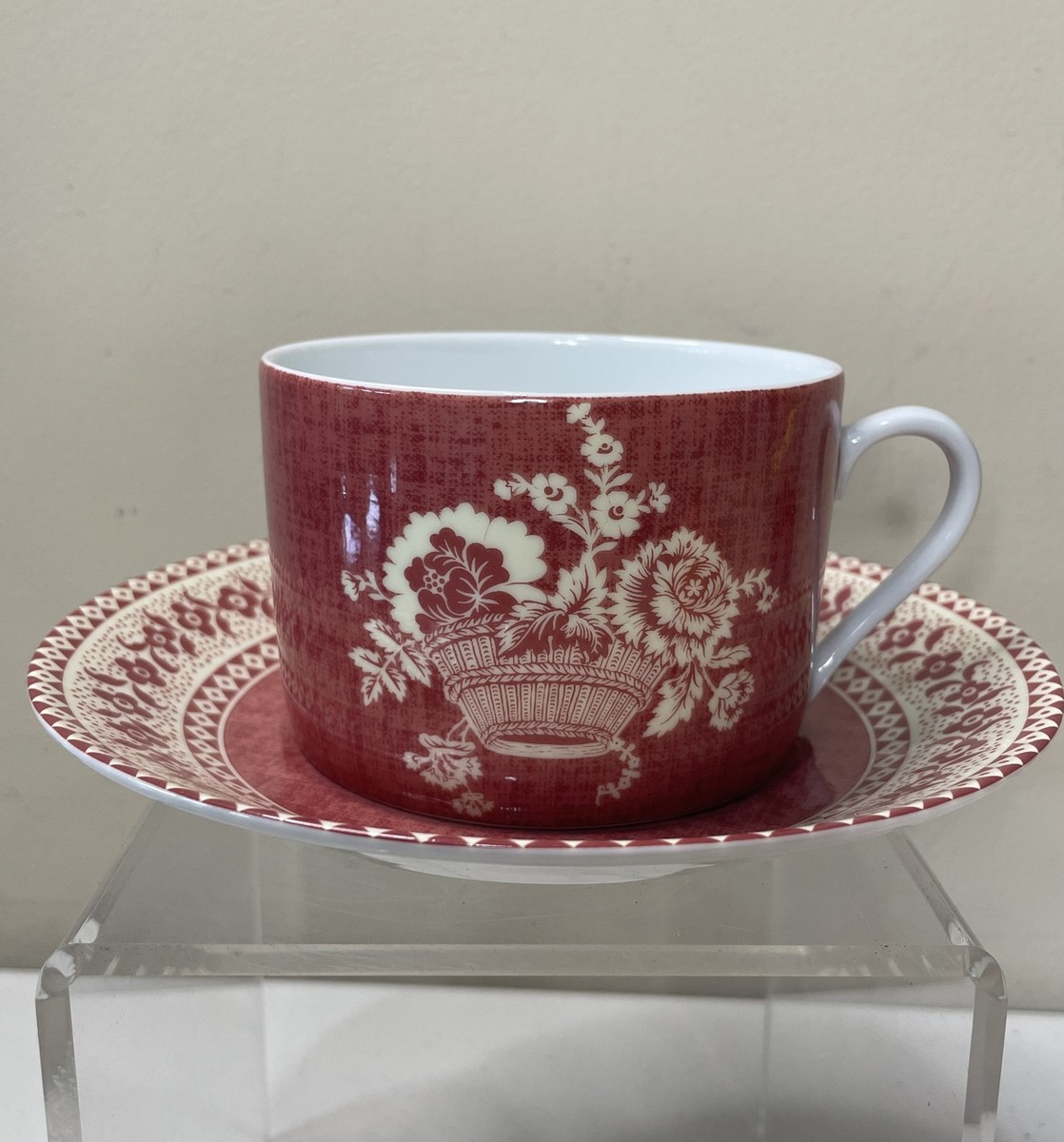 Patrick Frey Limoges Paniers Fleuris Flat Cup And Saucer Set Red