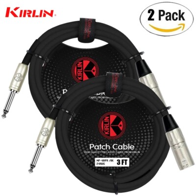 2-PACK Kirlin 3FT XLR 3-Pin Male To 1/4'' Mono Male Shielded OFC Microphone Cable