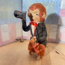 Vtg Wind Up Toy Monkey Tipping Hat, Fur Painted Fabric Over Tin 6" MISSING TAIL