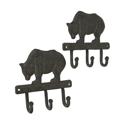 Set of 2 Brown Cast Iron Bear Wall Hook Decorative Coat Rack Towel