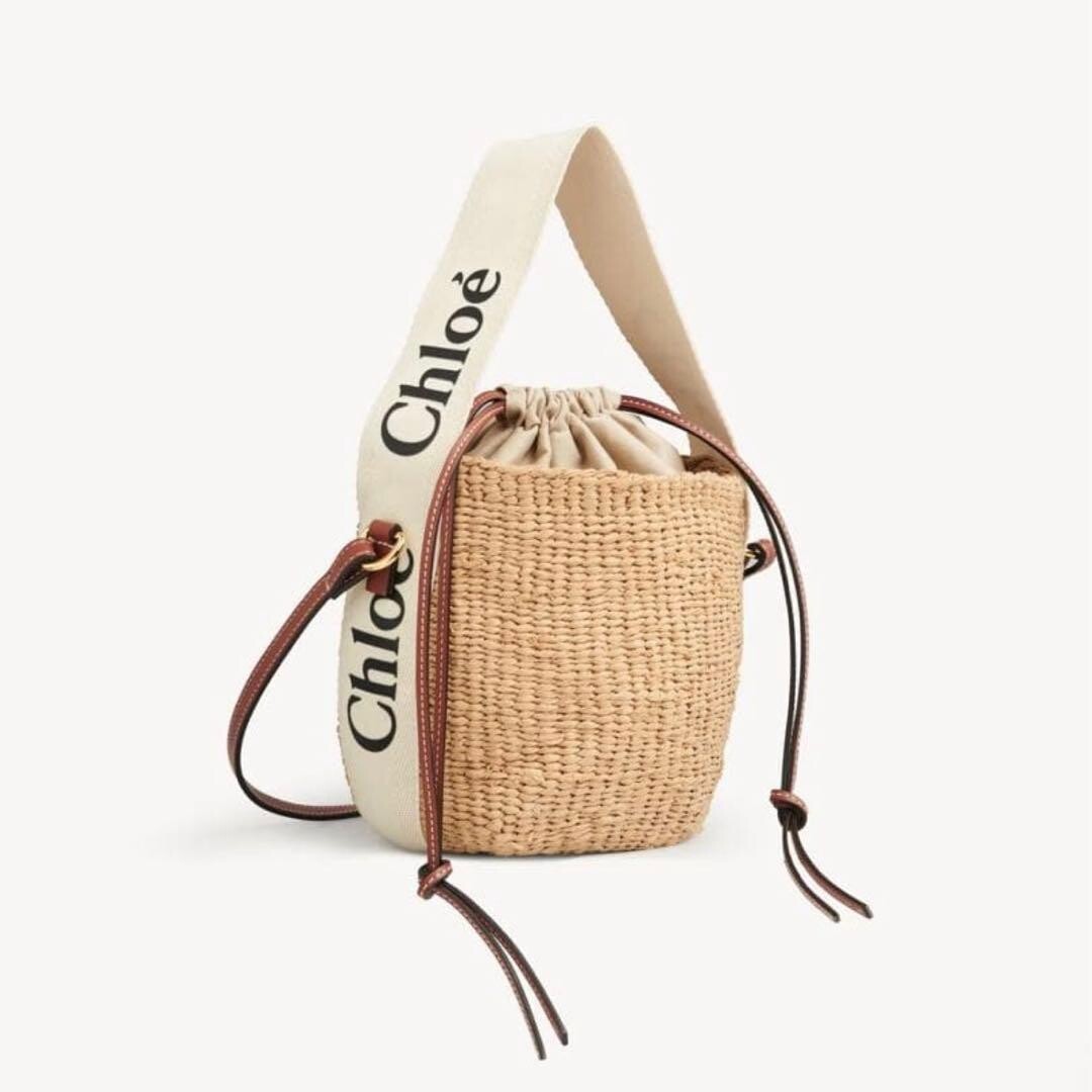 Chloe Woody Small Basket Bag Straw Shoulder Tote Beige Logo Strap Womens