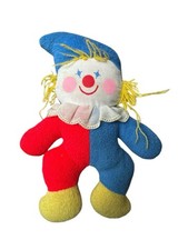 Vintage Plush Clown Rattle Baby Lovey Doll Green Terrycloth Yellow Red Blue 8