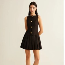 Commense Black Gold Button Pleated Mini Dress L NWT - Modern Chic