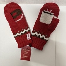 Tim Hortons Knit Mittens Red White Brown One Size Winter Coffee Donut NWT