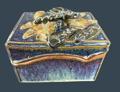 Handmade Studio Art Blue Pottery Crab Box Signed Beach Decor Unique