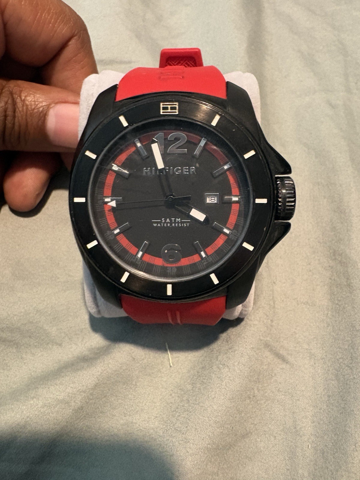 Tommy Hilfiger Men's Black Case Red Silicone Band Black Dial Watch 46mm