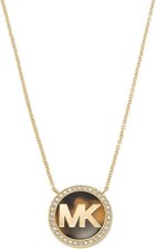 NEW MICHAEL KORS GOLD CHAIN,CRYSTAL PAVE DISK, TORTOISE CHARM PENDANT NECKLACE