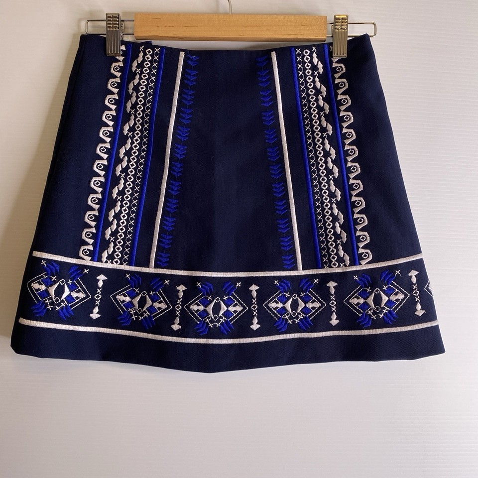 Mona Young Skirt Women 8 Navy Blue Short A-Line Lined Embroidered Aztec Boho
