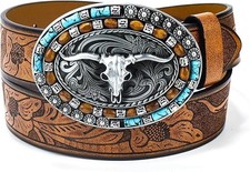 Western-Cowboy-Leather-Belts for Women Turquoise-Oval-Buckle Embossed Cowgirl Be