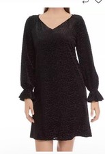  Nine West Black Leopard Burnout Chiffon Dress Long Sleeve V Neck Y2K Date Night