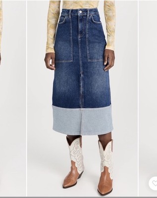 ba&sh Vicky Denim Skirt Womens 36 NWT Colorblock Midi High Rise Blue Jean Skirt 