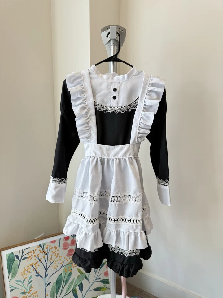 S Vintage Inspired Black & White Maid Dress Costume with Lace Apron Long Sleeve - Image 3 of 4
