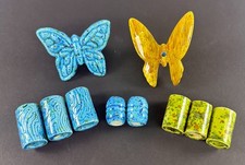 Vintage 1970s Ceramic Macrame Beads Lot 10pc Blue Green Yellow Butterfly Barrels