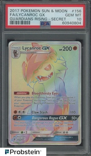 2017 Pokemon Sun & Moon Guardians Rising Secret #156 FA Lycanroc GX PSA 10
