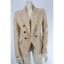 Balmain Beige Logo Jacquard Twill Double Breasted Blazer Jacket France Size 40