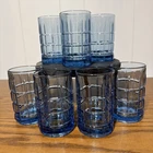 7 Anchor Hocking Blue Tartan Denim Blue Heavy Juice Glasses 4" Vintage EUC